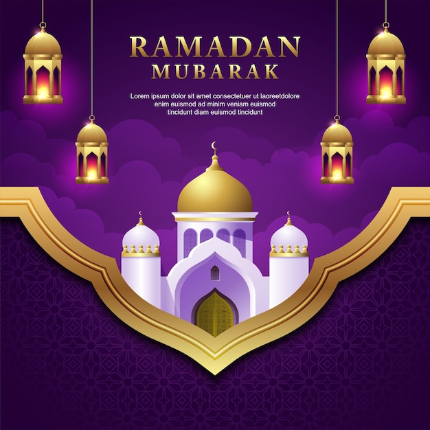 Biglietto d'auguri ramadan mubarak con lanterna appesa alla moschea viola e colore dorato