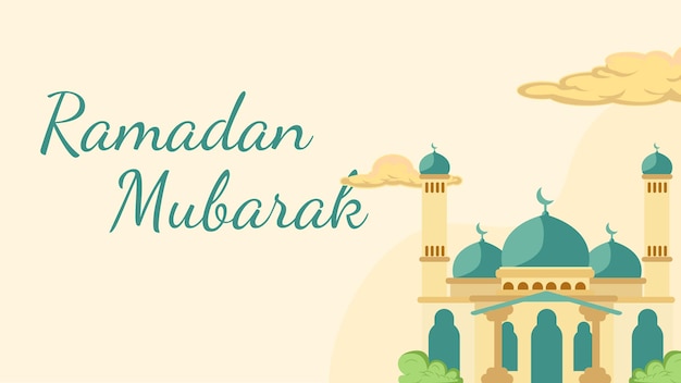 イスラム教徒のお祝いのためのタイポグラフィテキストとモスクの背景を持つラマダンムバラクの挨拶