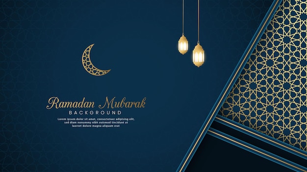 Ramadan Mubarak islamitische Arabische blauwe luxe achtergrond met gouden patroon grenskader