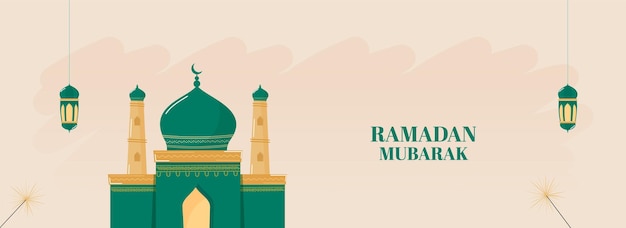 Ramadan Mubarak-koptekst of bannerontwerp met moskeeillustratie en Arabische lantaarns hangen op beige achtergrond