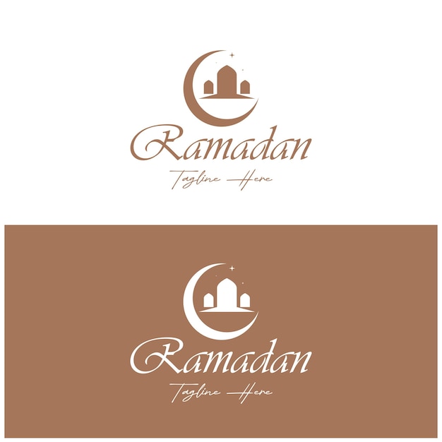 Vector ramadan mubarak logo met lantaarn elementen halve maan en ster moskee gebouw islamitische kalligrafie