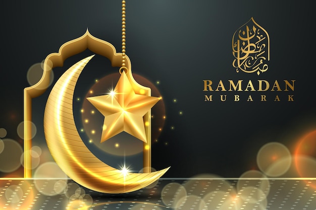 Ramadan mubarak luxe islamitische groetachtergrond met decoratief ornament gouden lantaarn en ster