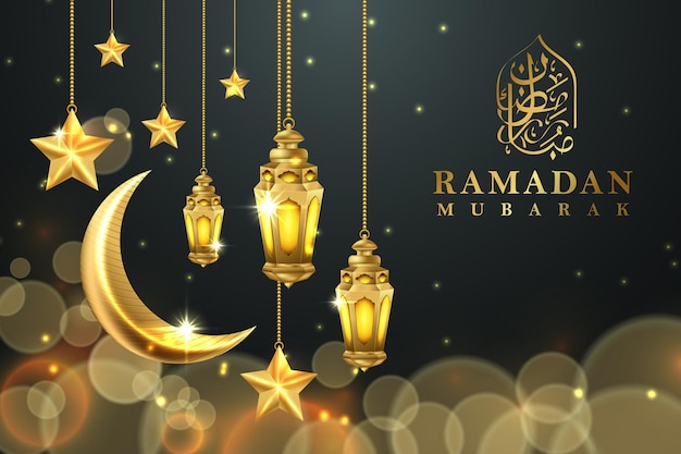 Vector ramadan mubarak luxury islamic greeting background with decorative ornament golden lantern and star