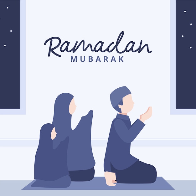 Ramadan mubarak met moslimfamilie bidt illustratie