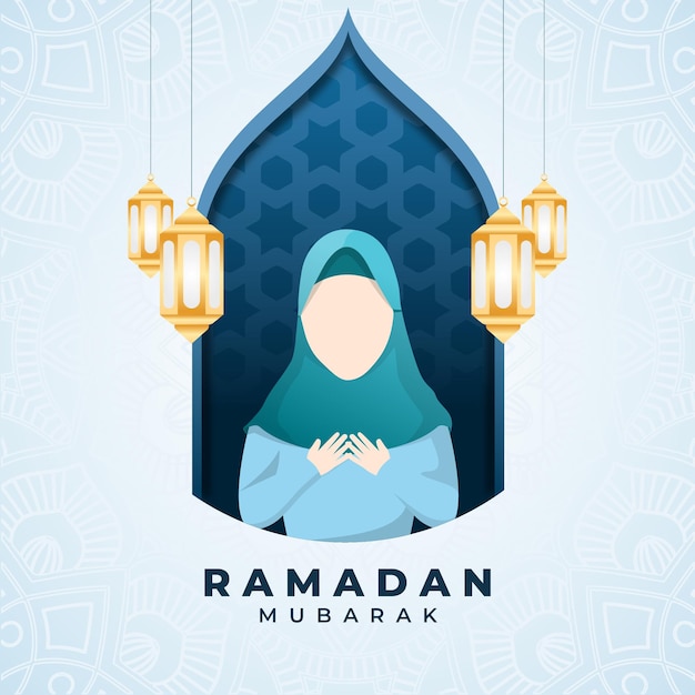 Ramadan mubarak met vrouw biddende illustratie