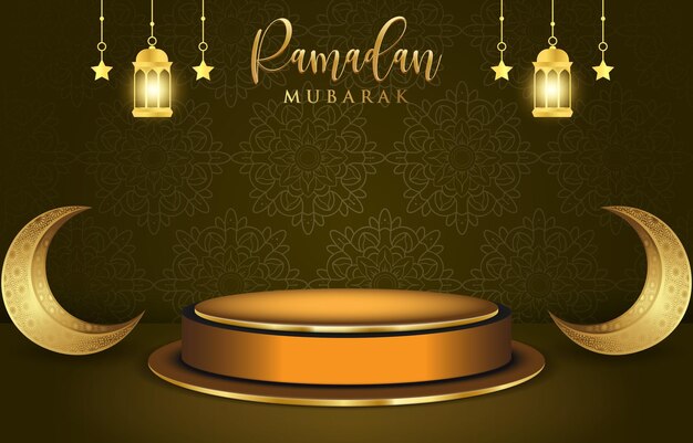 Banner di sconto di vendita di ramadan mubarak con spazio di copia podium 3d per la vendita di prodotti e gradiente astratto design di sfondo marrone e dorato