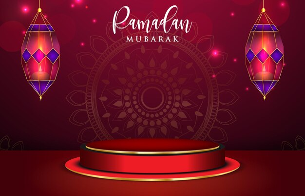 Ramadan mubarak vendita modello di sconto banner con spazio di copia podium 3d per la vendita di prodotti con gradiente astratto rosso e viola background design