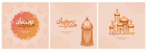 Ramadan mubarak set di modelli di biglietti d'auguri islamici con calligrafia araba per poster di progettazione di sfondi post sui social media per web e stampa