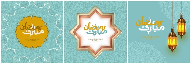 Vector ramadan mubarak set of islamic greeting card template with arabic calligraphy for social media post wallpaper design poster for web and print