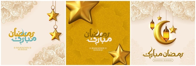 Vector ramadan mubarak set of islamic greeting card template with arabic calligraphy for social media post wallpaper design poster for web and print