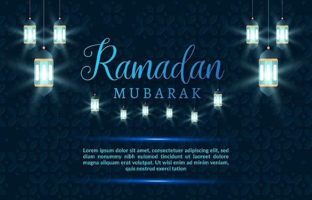 Ramadan mubarak sjabloon banner illustratie met mooi glanzend luxe islamitisch ornament en abstract gradiënt donkerblauw achtergrondontwerp