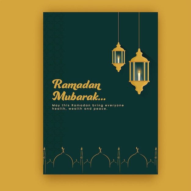 Ramadan mubarak sjabloonontwerp met aangestoken kaars binnen gouden lantaarns op groene achtergrond.