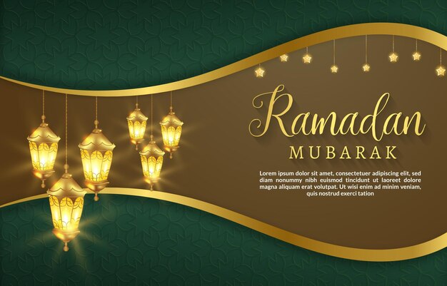 Рамадан мубарак шаблон баннера с красивой иллюстрацией блестящий свет роскошный исламский орнамент и абстрактный зеленый и золотой фон дизайн