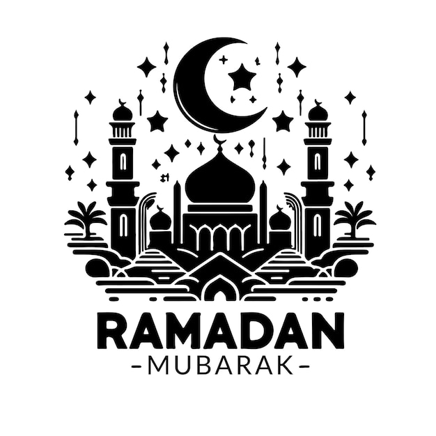 라마단 무바라크 텍스트는 모스크와 검은색과 색의 아름다운 글자를 결합합니다.