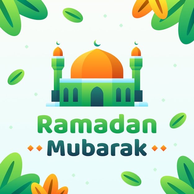 Ramadan mubarak testo con moschea e piante