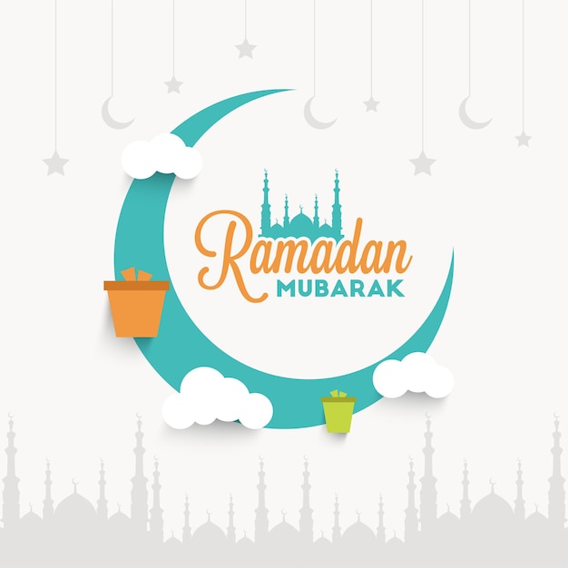 Vector ramadan mubarak typografie met maan en geschenken voor ramadan-illustratie