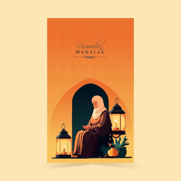 Ramadan Mubarak Vertical Banner Design With Muslim Woman Character Praying Illuminated Lamps On Orange Background