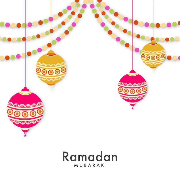 Vector ramadan mubarak viering wenskaart versierd met hangende traditionele lantaarns en stippen garland op witte achtergrond