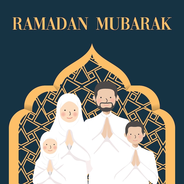 Ramadan mubarak wensen en begroeting met familieportret stripfiguur in wit