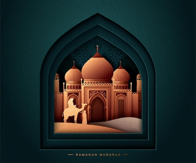Ramadan Mubarak-wenskaart met moskee op donkergroen