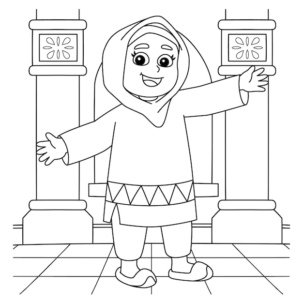 Vector ramadan muslim girl coloring page for kids