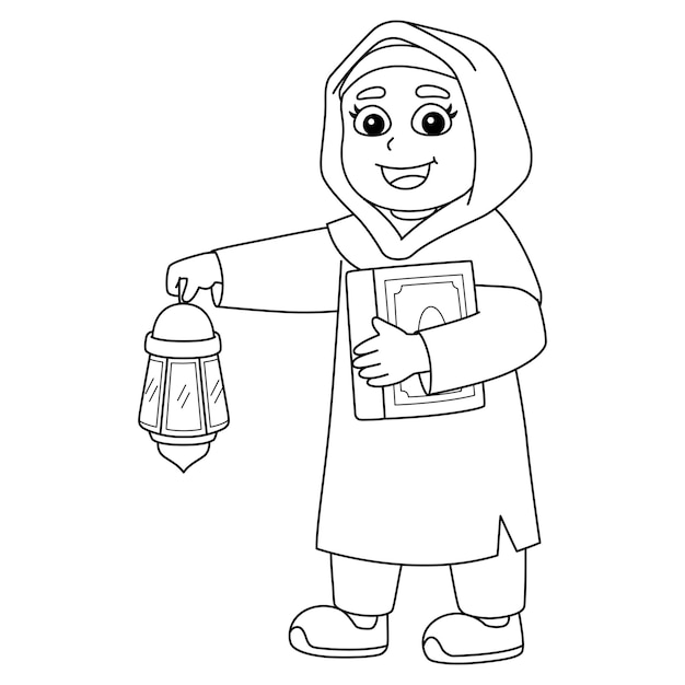 Vector ramadan muslim girl with quran lantern isolated