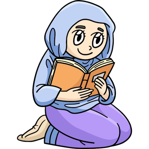 Ramadan Muslim Woman Reading Quran Cartoon Clipart