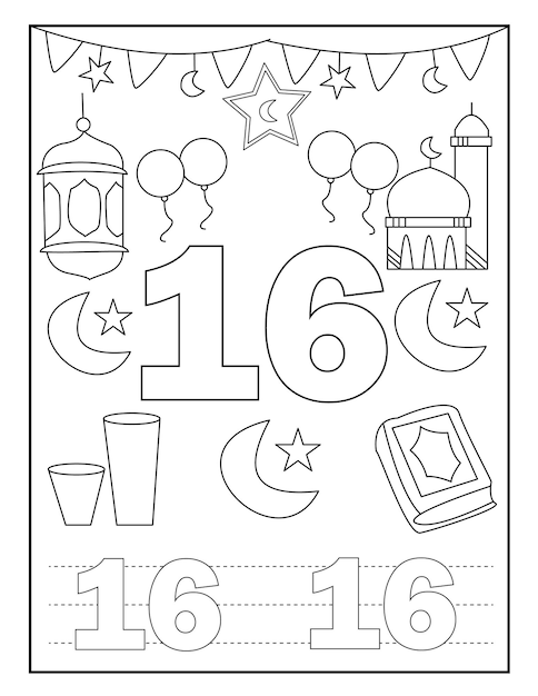 Libro da colorare con numero di ramadan per bambini con disegni carini