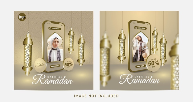 Vettore vendita dello shopping online di ramadan sui post dei social media mobili