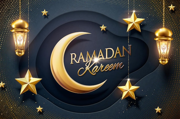 Ramadan ontwerp donkerblauwe papieren achtergrond met hangende gouden ster en fanoos