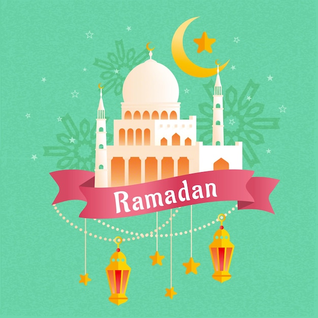 Ramadan plat ontwerp met witte moskee en hangende lantaarns