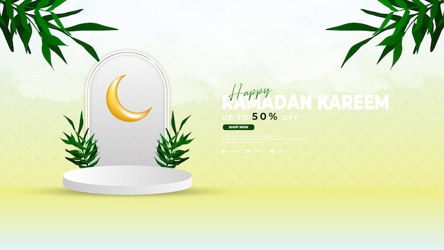 Ramadan podium background in blue and brown with podium cloud leaf and moon elements suitable for Islamic product promotion activities