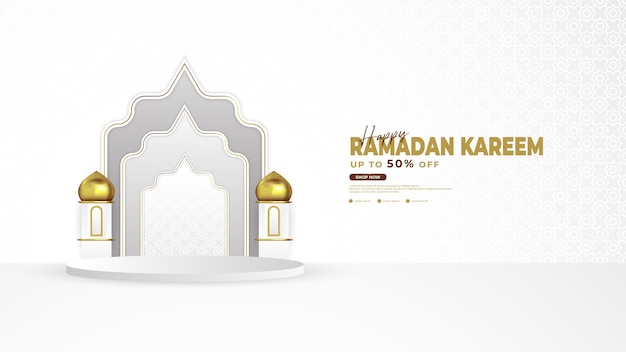 Ramadan podium background in white and gold with lantern mosque and podium elements suitable for Islamic background activities