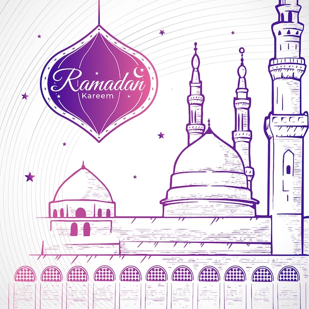 Ramadan poster design with prophet muhmamad mosque line art illustration