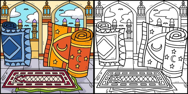 Рамадан Молитвенные Коврики Раскраски Страница Иллюстрация