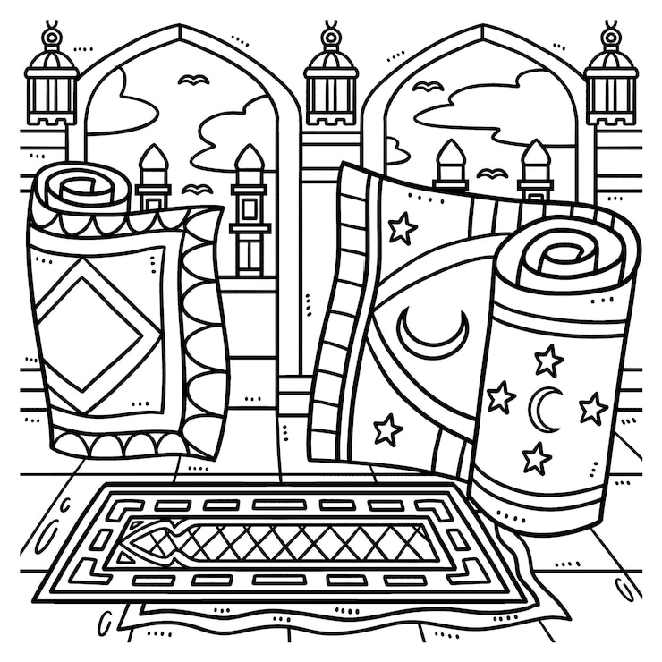 Vector ramadan prayer mats coloring page for kids