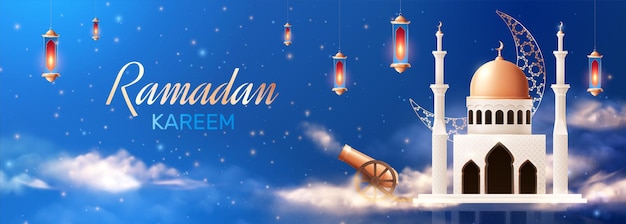 Ramadan realistic composition with image of mosque with hanging lanterns