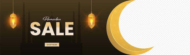 Ramadan sale banner or header design with crescent moon lit lanterns hang and copy space on brown silhouette mosque background