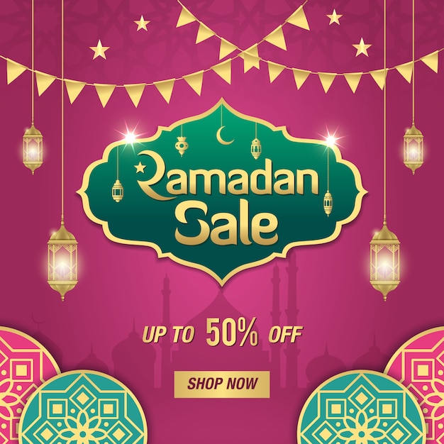 Ramadan sale-banner met gouden glanzend frame, arabische lantaarns en islamitisch ornament op paars. tot 50% kortingsaanbieding