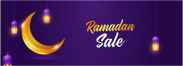 Ramadan Sale Banner Of Header Design Met Gouden Halve Maan Verlichte Lantaarns Hangen Op Paarse Achtergrond