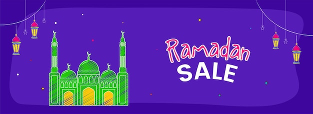Ramadan sale banner of header design met krabbelstijl moskee hangende sterren en lantaarns versierd violette achtergrond