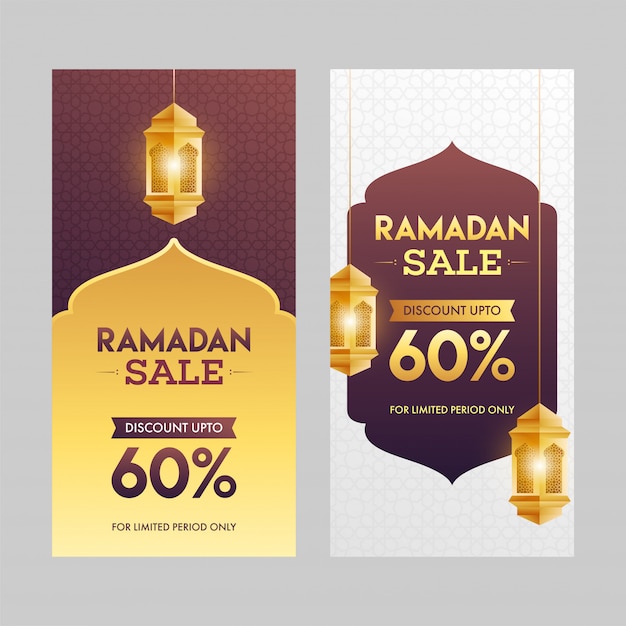 Vector ramadan sale banner set with hanging golden lanterns illustrations.