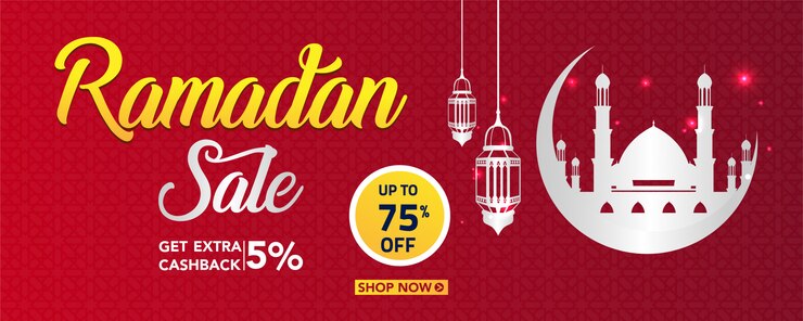 Ramadan Sale banner with lamps and ornament