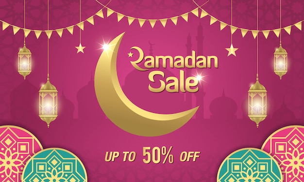 Ramadan sale-bannerontwerp met gouden halve maan, arabische lantaarns en islamitisch ornament op paars