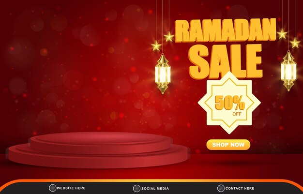 Ramadan sale discount template banner with blank space 3d podium for product sale with abstract gradient red background