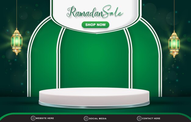 Ramadan sale discount template banner with copy space 3d podium for product sale with abstract gradient green and white background design