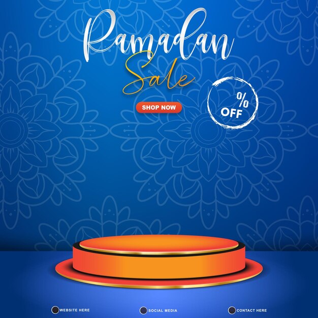 ramadan sale discount template banner with copy space 3d podium for product sale with gradient blue background design