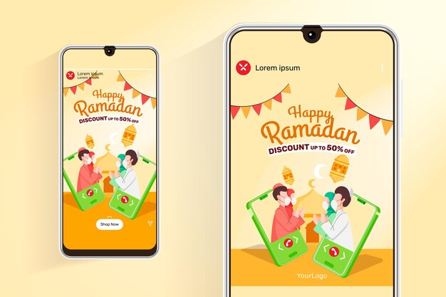 Ramadan sale feed and stories with illustration mobile communication muslim people