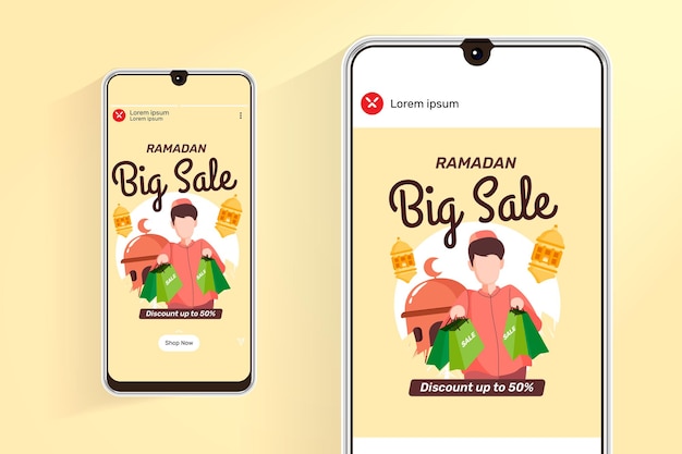 Feed di vendita del ramadan e storie con l'illustrazione della gente musulmana che compera