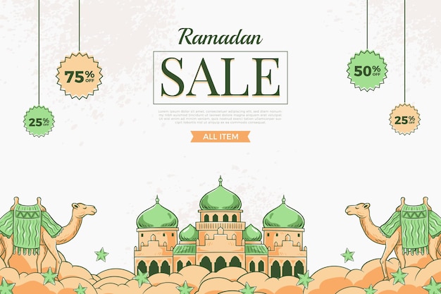 Vettore del fondo dell'insegna dell'illustrazione islamica disegnata a mano di vendita del ramadan